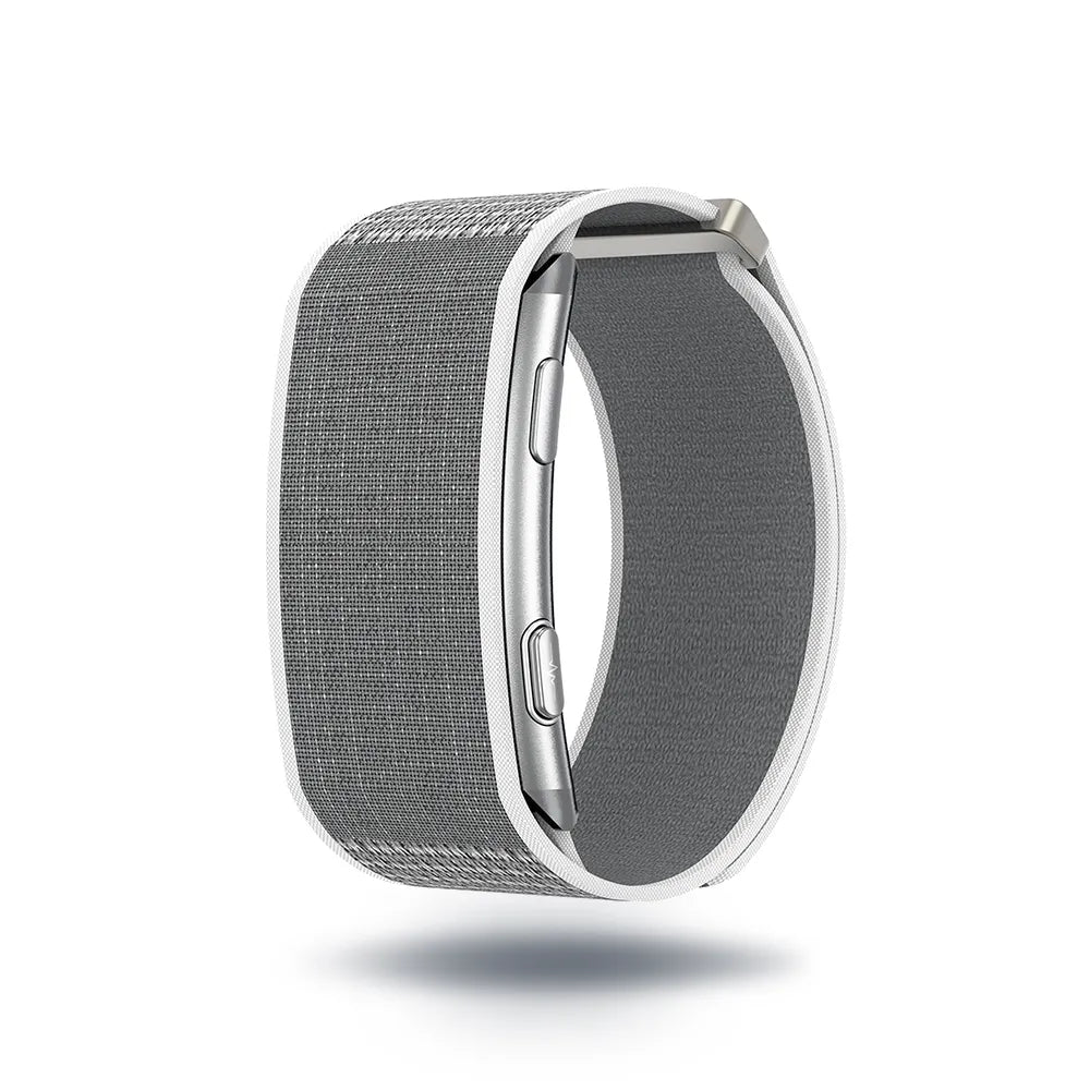 A silver Ionos Screenless Fitness Tracker band with a textured gray fabric center and a white outer trim, shown floating against a solid white background.