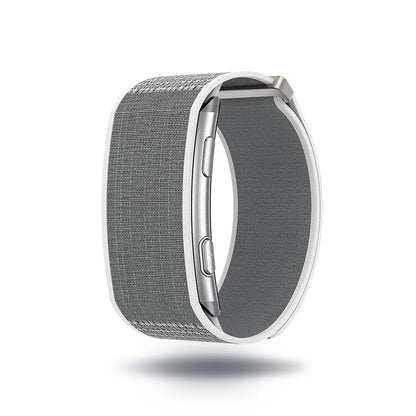 A silver Ionos Screenless Fitness Tracker band with a textured gray fabric center and a white outer trim, shown floating against a solid white background.