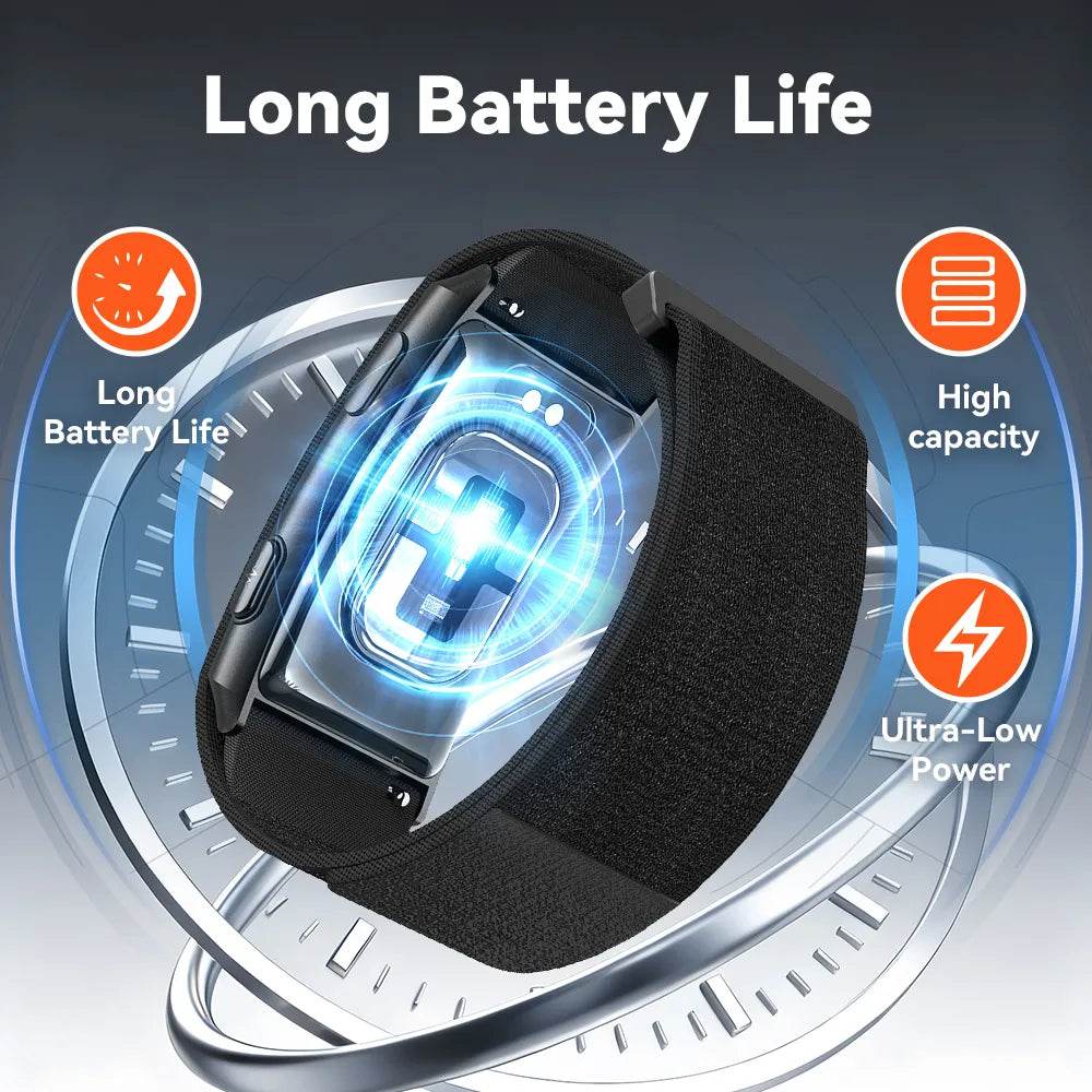 A black Ionos Screenless Fitness Tracker with a textured fabric band, shown floating over a circular metallic graphic background. The image includes marketing text and icons highlighting features such as 'Long Battery Life,' 'High capacity,' and 'Ultra-Low Power.