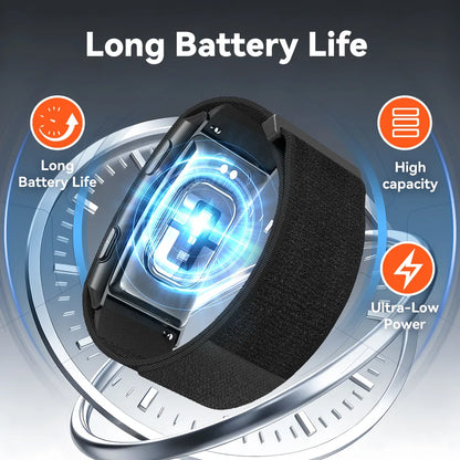 A black Ionos Screenless Fitness Tracker with a textured fabric band, shown floating over a circular metallic graphic background. The image includes marketing text and icons highlighting features such as 'Long Battery Life,' 'High capacity,' and 'Ultra-Low Power.