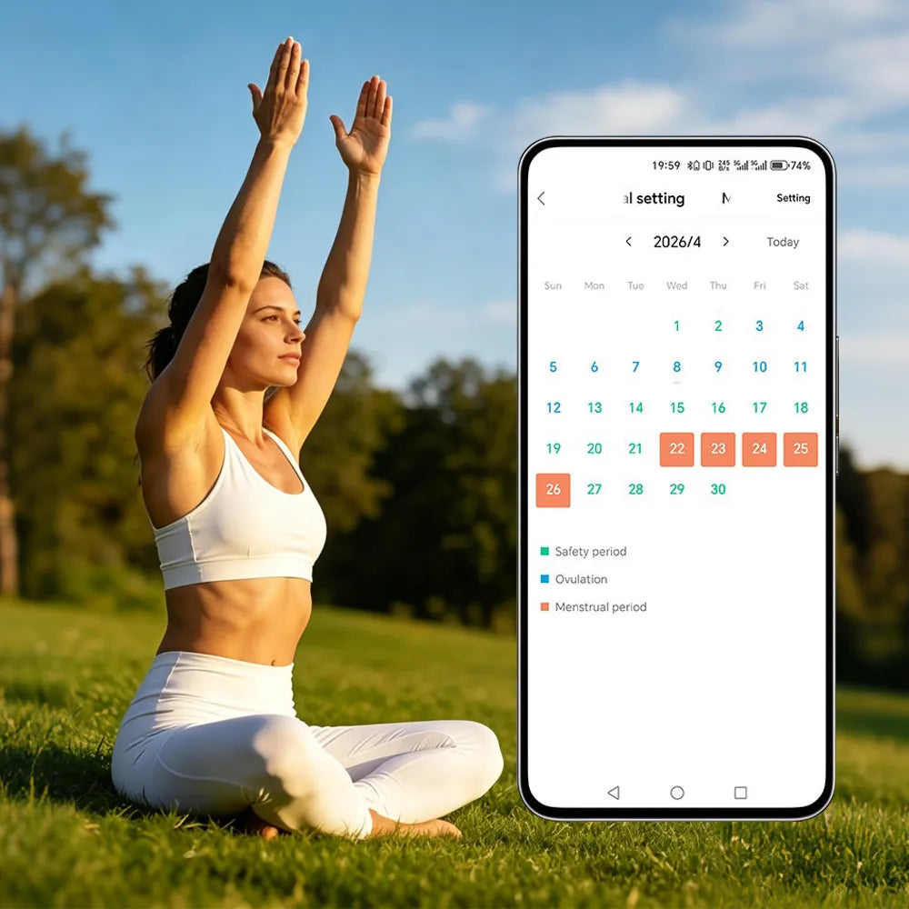 A woman in white activewear sits cross-legged on grass outdoors with her arms raised, next to a large Ionos Screenless Fitness Tracker screen showing a calendar and menstrual cycle tracking interface.