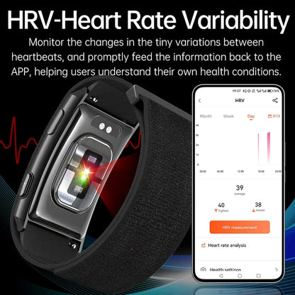 Black armband heart rate monitor with a transparent front window showing a sensor, displayed next to a smartphone app screen showing heart rate variability data and text explaining HRV monitoring.