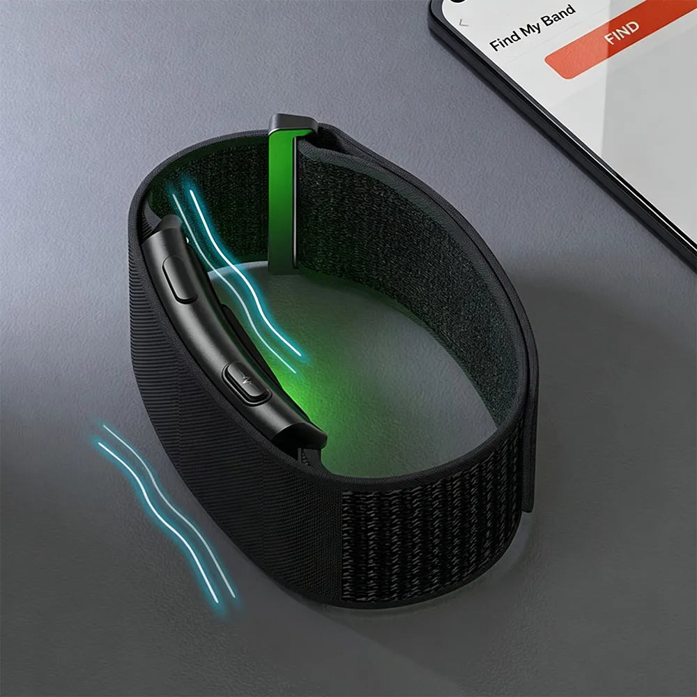 A black Ionos Screenless Fitness Tracker with a textured woven strap and a black side module, shown on a gray surface with glowing blue and green light effects. Part of a smartphone screen is visible in the top right corner.