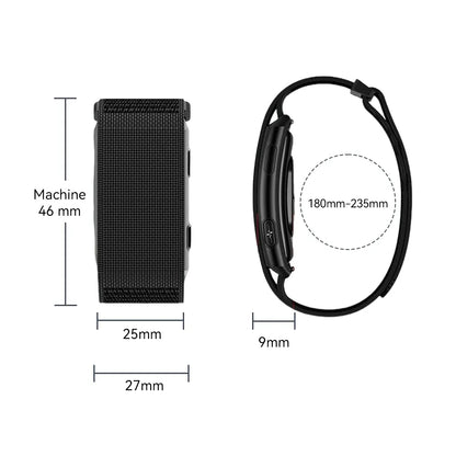 Technical dimension diagram of a Ionos Screenless Fitness Tracker, showing front and side views with measurements labeled 46 mm, 25 mm, 27 mm, 9 mm, and a band width range of 180 mm-235 mm on a white background.