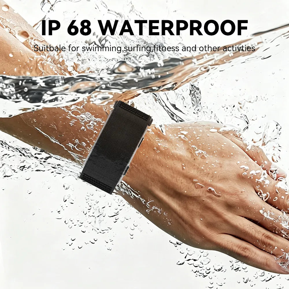 A black rectangular Ionos Screenless Fitness Tracker or fitness tracker shown worn on a person's wrist underwater, with large text reading 'IP 68 WATERPROOF' and smaller text about swimming, surfing, fitness, and other activities.