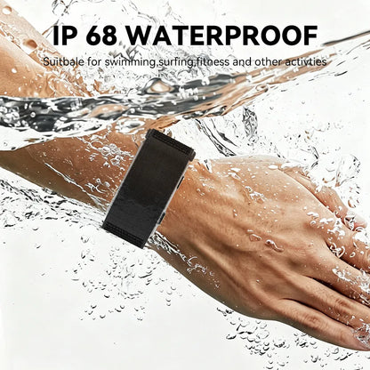A black rectangular Ionos Screenless Fitness Tracker or fitness tracker shown worn on a person's wrist underwater, with large text reading 'IP 68 WATERPROOF' and smaller text about swimming, surfing, fitness, and other activities.