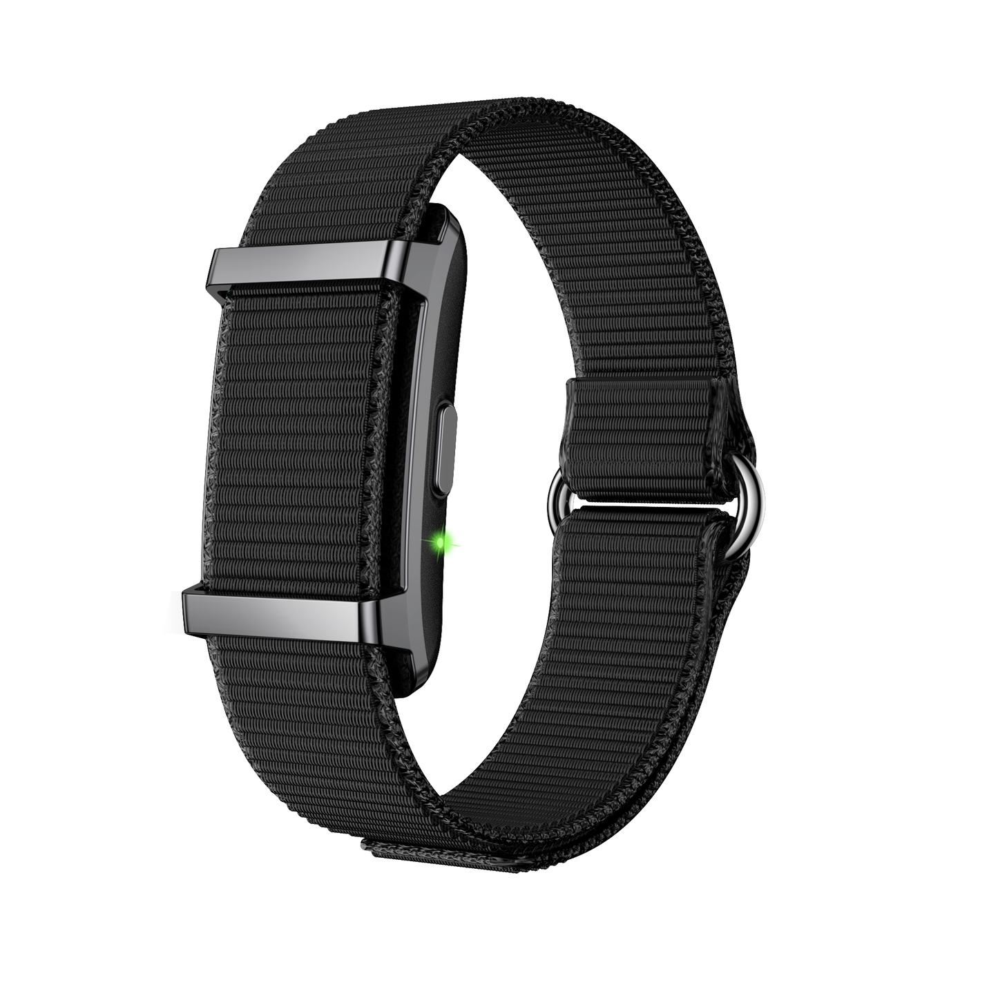 Black Ironis Health Tracker Smart Band with silver buckle on a white background