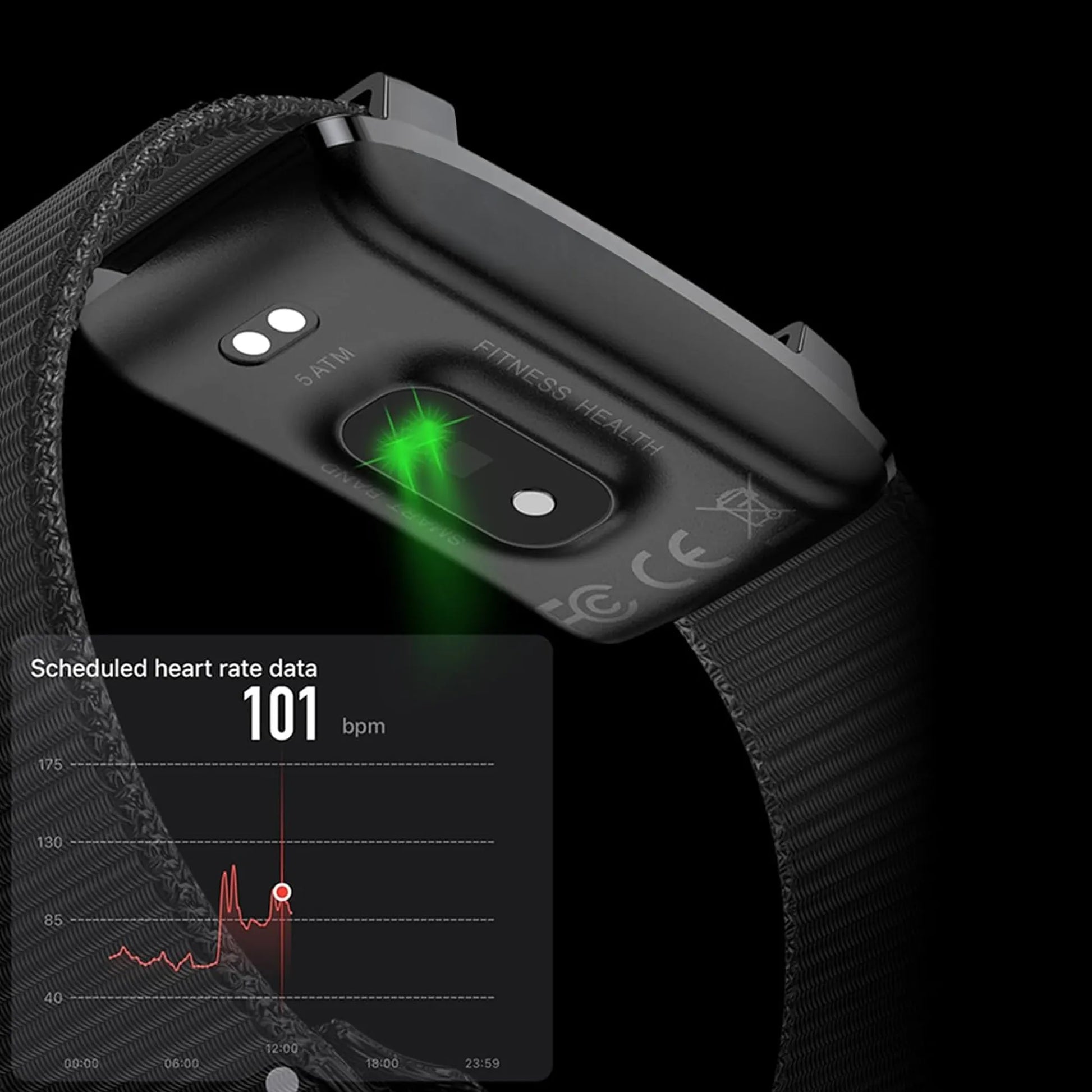 Ironis Health Tracker Smart Band displaying heart rate data on a black background