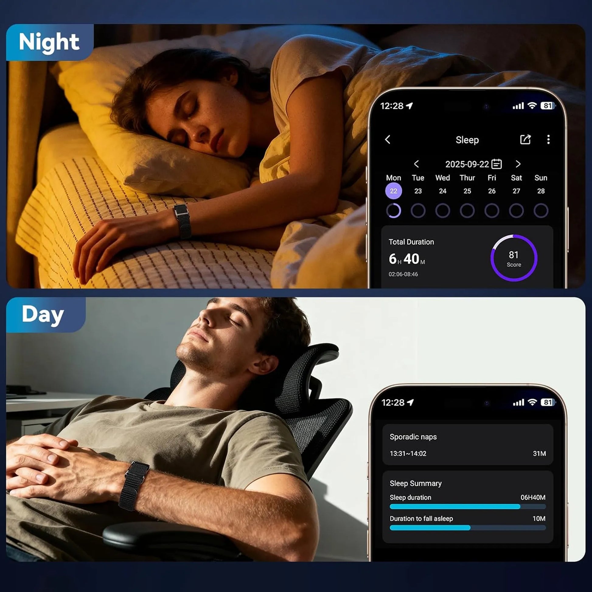 Two scenes showing a person sleeping with a smartphone displaying sleep tracking app on a night and day setting.