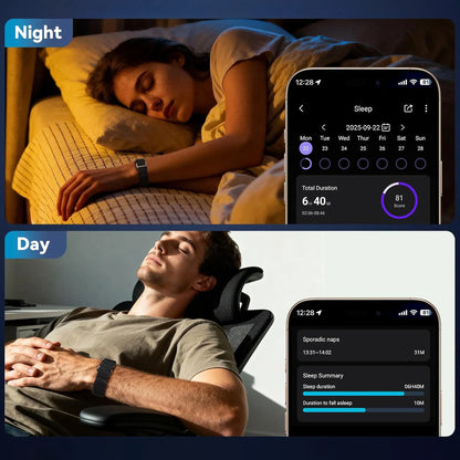 Two scenes showing a person sleeping with a smartphone displaying sleep tracking app on a night and day setting.