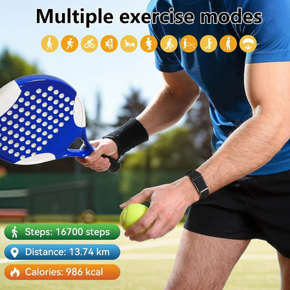 Person holding a paddle and ball with exercise stats displayed on a sports court.
