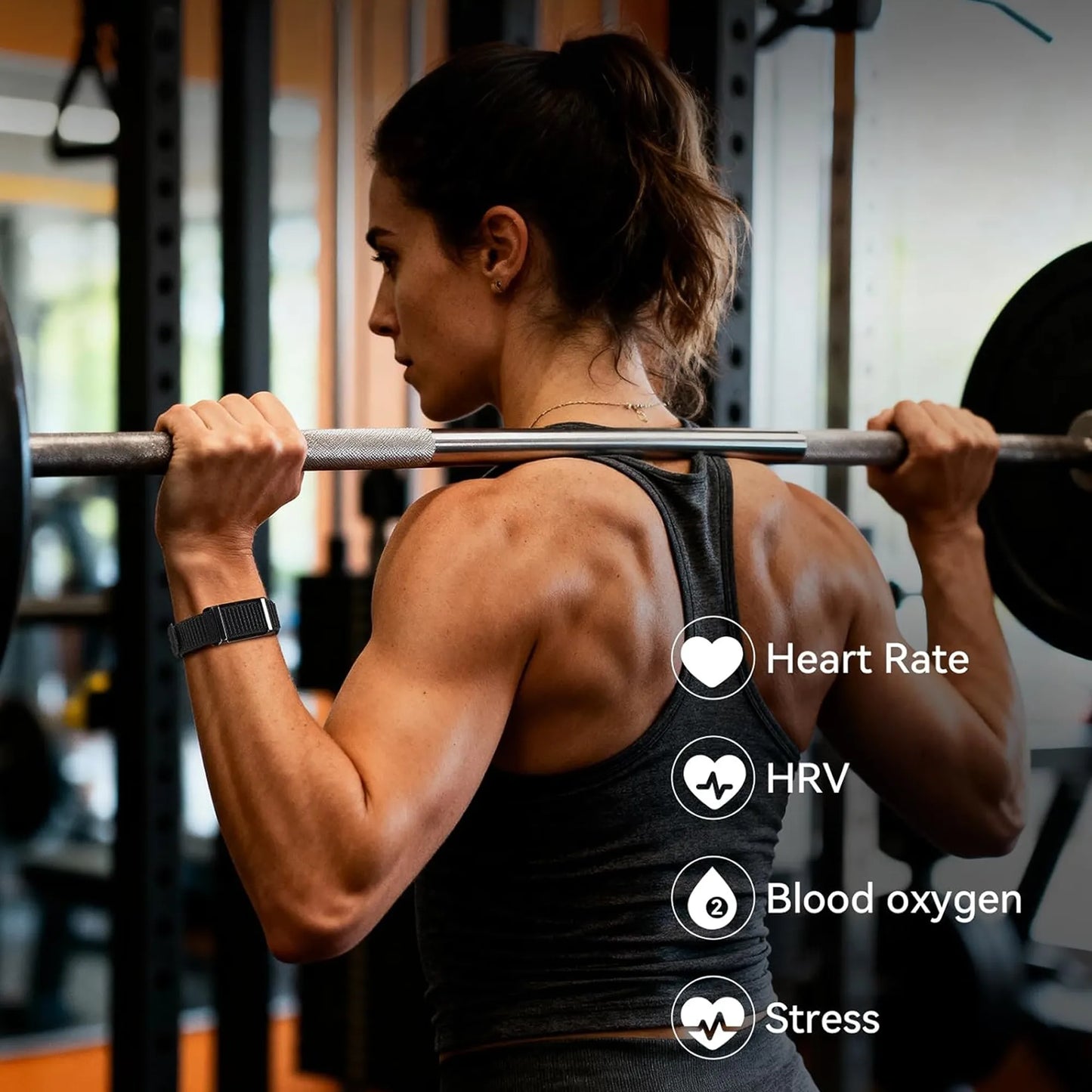 Woman lifting weights in a gym with Ironis Health Tracker Smart Band displayed on screen