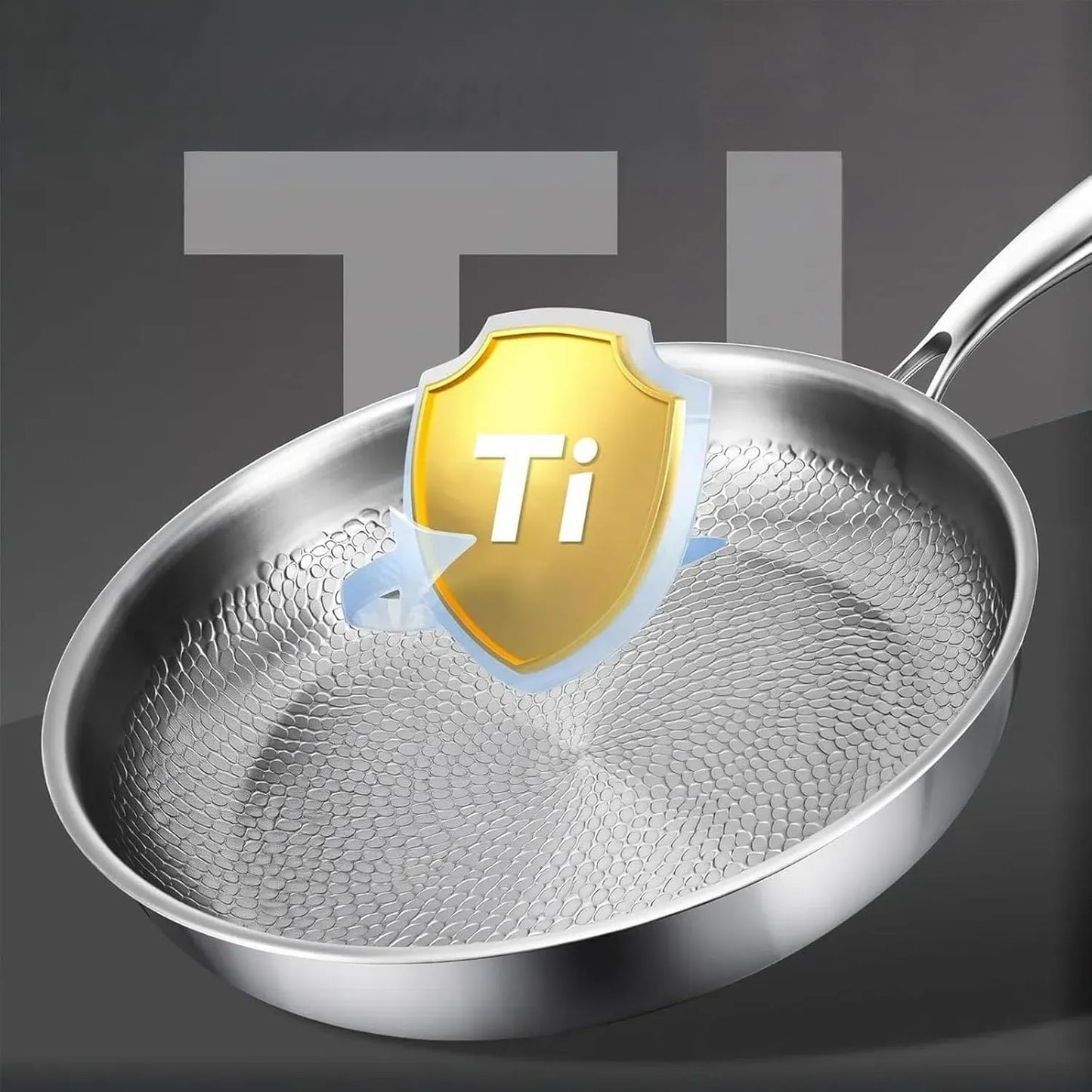 Stainless steel frying Ironis Titanium Hammered Pan with a gold 'Ti' logo on a dark background