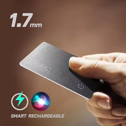 Hand holding a small rectangular IziPock Wallet Tracker Card with '1.7 mm' text and smart rechargeable icons on a brown background.