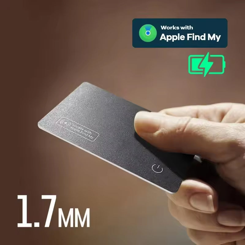 Hand holding a small electronic IziPock Wallet Tracker Card with 'Works with Apple Find My' and battery icon on a brown background.