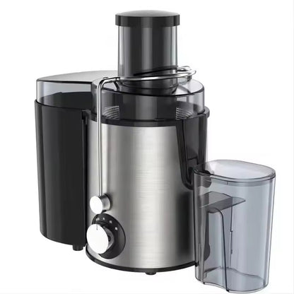 Stainless steel and black Juicilox Juicer Machine on a white background