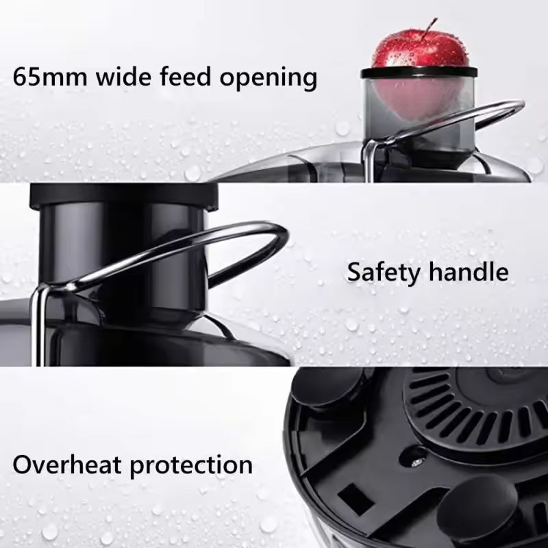 Juicilox Juicer Machine with features highlighted: wide feed opening, safety handle, and overheating protection.