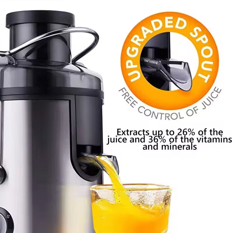 Juicilox Juicer Machine with an upgraded spout feature, extracting juice into a glass.