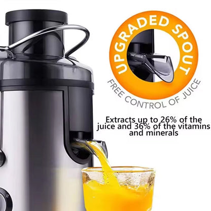 Juicilox Juicer Machine with an upgraded spout feature, extracting juice into a glass.
