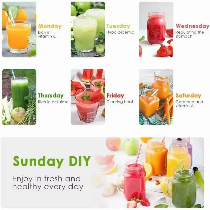 Weekly Juicilox Juicer Machine drink plan with images of different juices and their health benefits.