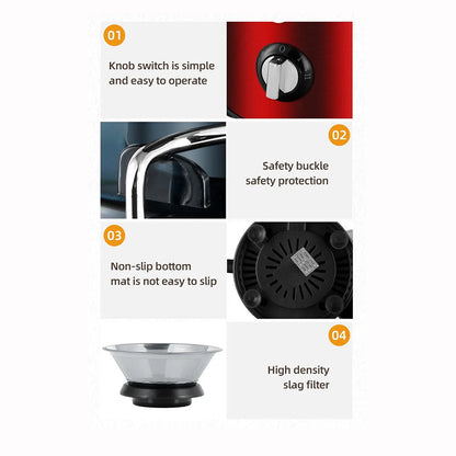 Juicilox Juicer Machine features with images and text on a white background