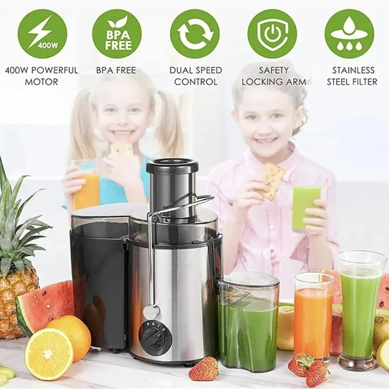 Juicilox Juicer Machine with features highlighted, surrounded by fruits and drinks on a white background