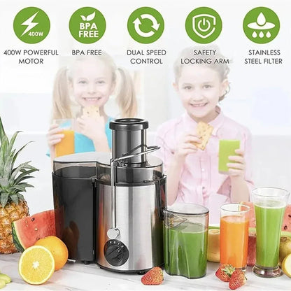 Juicilox Juicer Machine with features highlighted, surrounded by fruits and drinks on a white background
