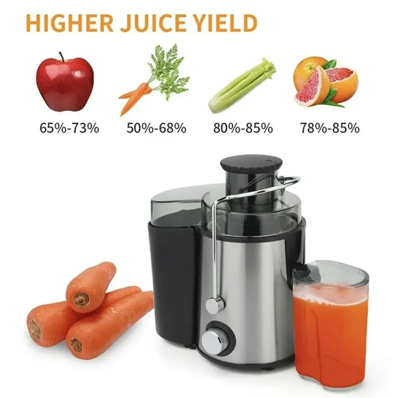 Juicilox Juicer Machine with fruits and vegetables showing juice yield percentages on a white background