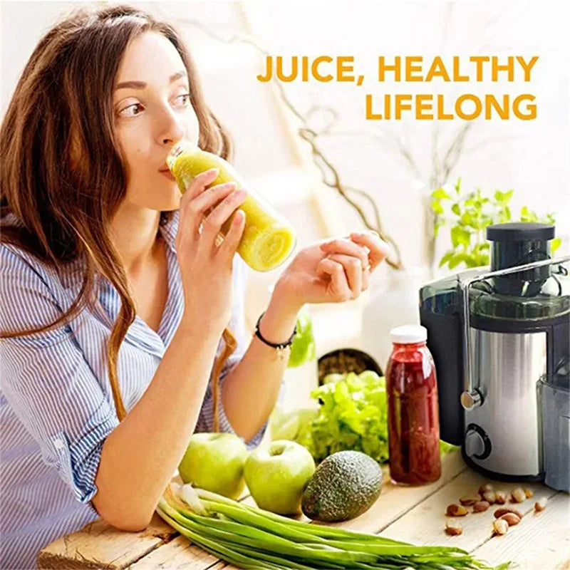 Woman drinking green juice from a blender with text 'Juice, Healthy Lifelong' and a Juicilox Juicer Machine in the background.