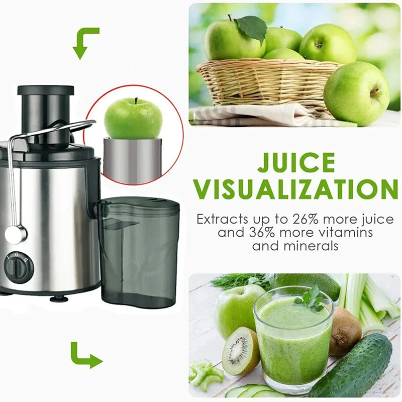 Juicilox Juicer Machine with green apples and a glass of juice on a white background