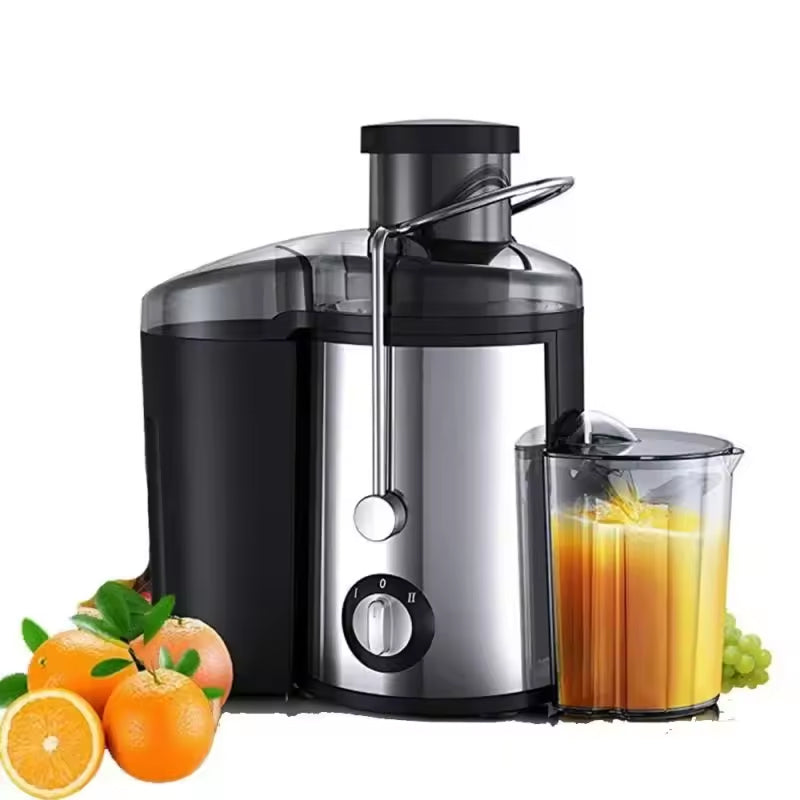 Juicilox Juicer Machine with a glass of orange juice, oranges, and grapes on a white background
