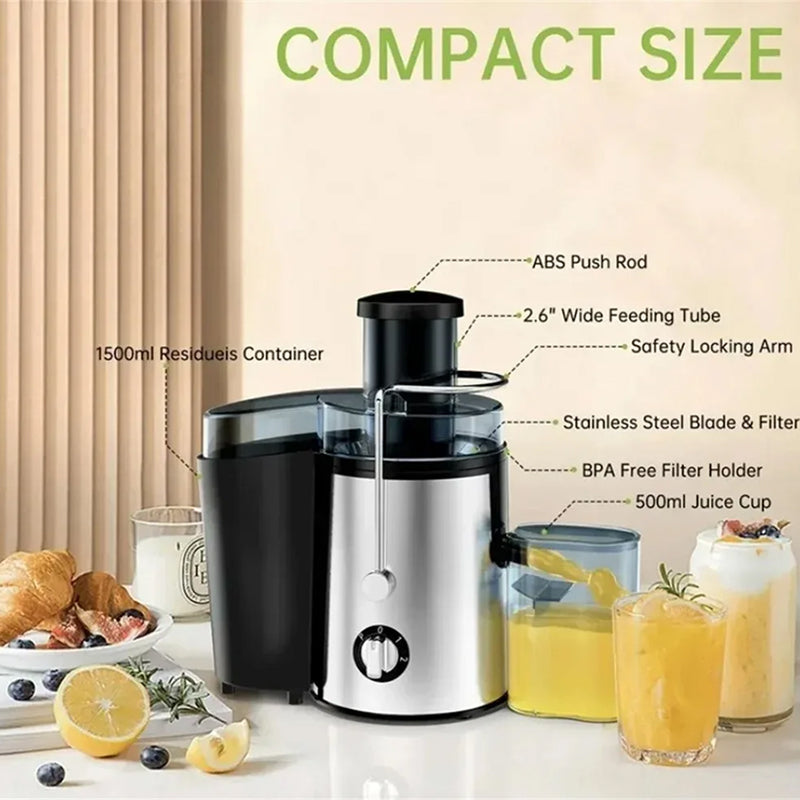 Juicilox Juicer Machine with features highlighted on a white surface with lemon and juice glass.