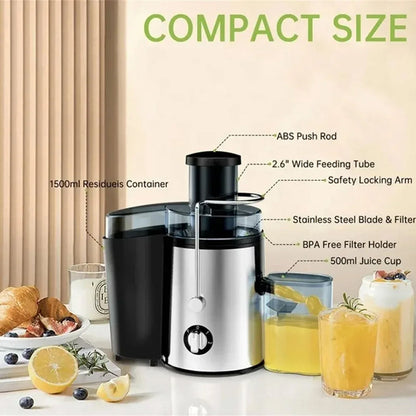 Juicilox Juicer Machine with features highlighted on a white surface with lemon and juice glass.