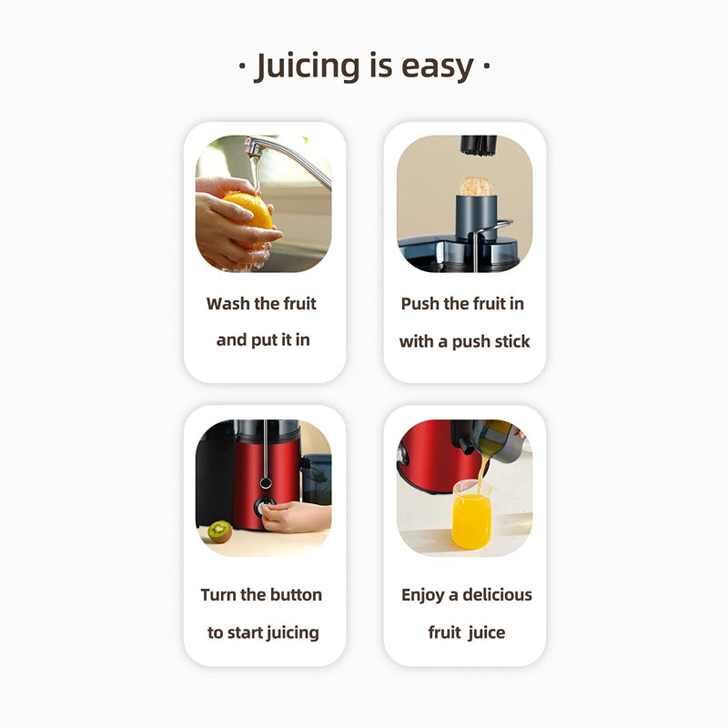 Step-by-step guide on how to use a Juicilox Juicer Machine with icons and text.