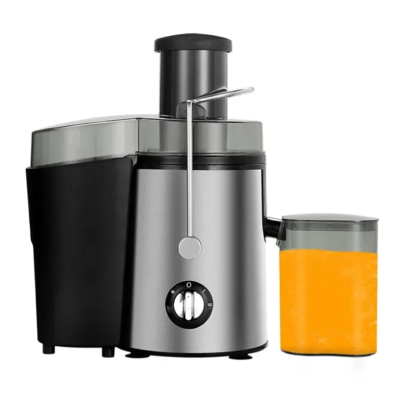 Stainless steel and black Juicilox Juicer Machine with a glass container filled with orange juice on a white background