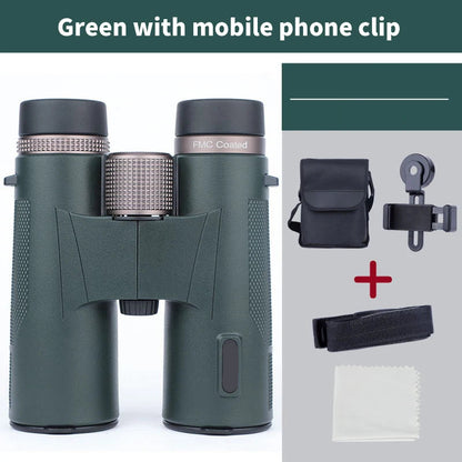 Green Kaisio Sky X7 ED 12×50 Binoculars with accessories on a white background