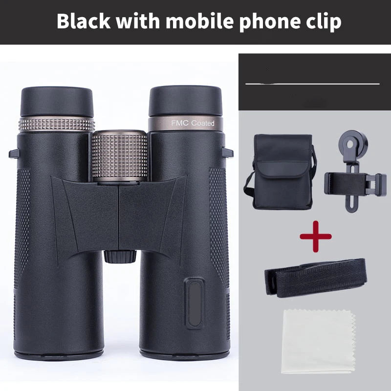 Black Kaisio Sky X7 ED 12×50 Binoculars with phone clip accessory on a white background