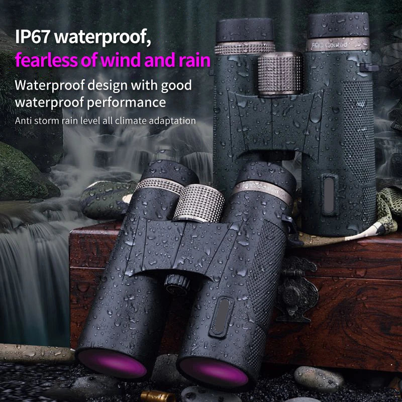 Waterproof Kaisio Sky X7 ED 12×50 Binoculars with text highlighting their IP67 rating and weather resistance, set against a natural background.