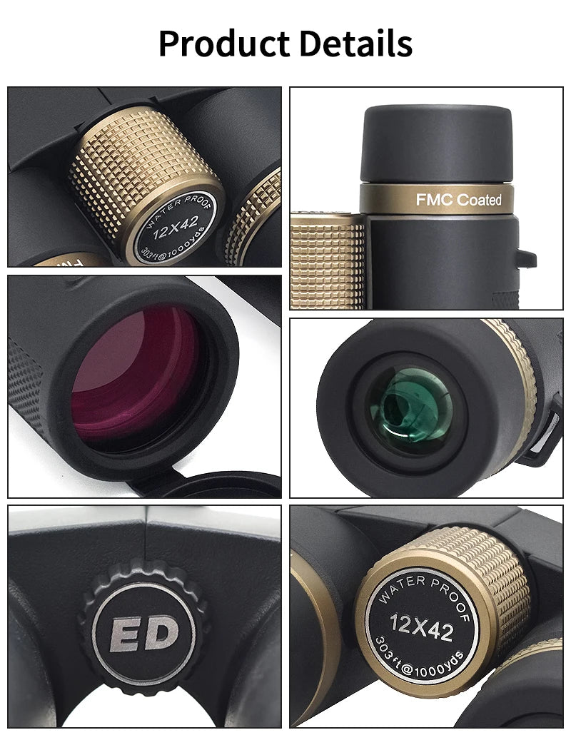 Collage of a Kaisio Sky X7 ED 12×50 Binoculars with close-up details on a white background