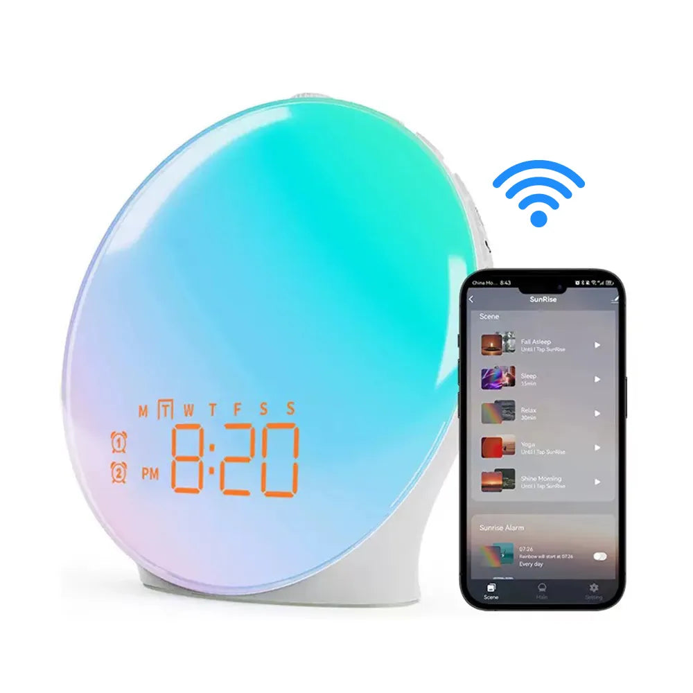 Kalvori Alarm Clock with colorful display and smartphone showing app interface on a white background