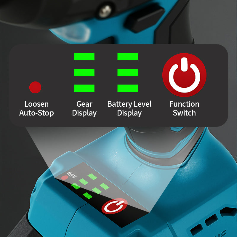 Kalvori Impact Wrench feature detail - 3-speed control panel and battery indicator display