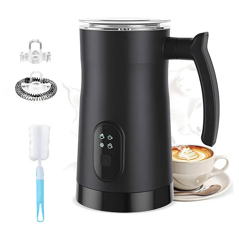 Black Kalvori Electric Milk Frother with accessories on a white background