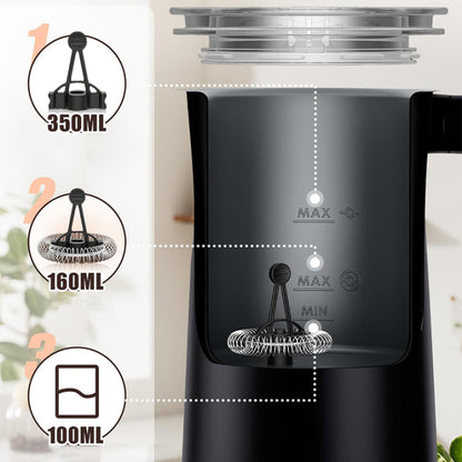 Black Kalvori Electric Milk Frother with measurement indicators on a blurred background