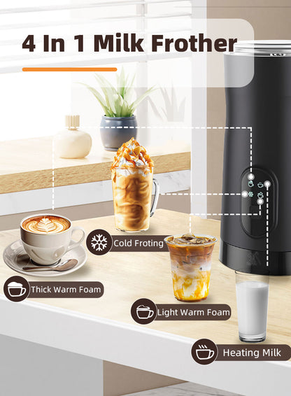 Kalvori Electric Milk Frother with coffee and milk products on a table