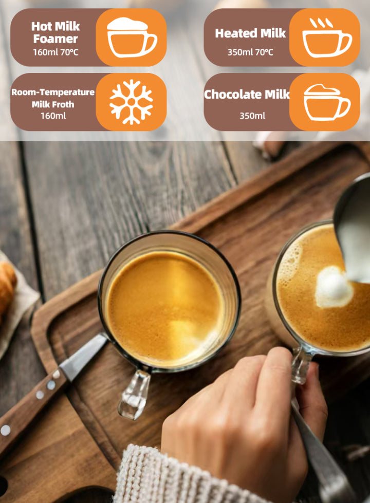 Two cups of coffee on a wooden surface with milk frothing instructions displayed above.