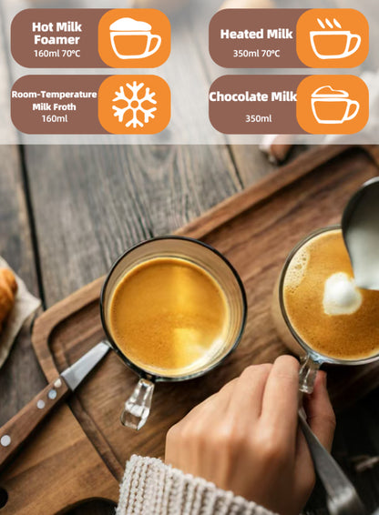 Two cups of coffee on a wooden surface with milk frothing instructions displayed above.