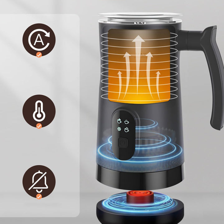 Black Kalvori Electric Milk Frother kettle with digital display and control buttons on a gray background
