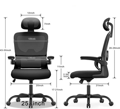 Black Kalvori Ergonomic Office Chair with detailed measurements on a white background