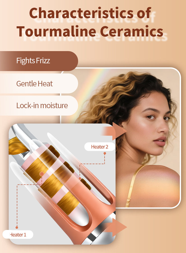 Kalvori Hair Curler with text on tourmaline ceramics characteristics and benefits.