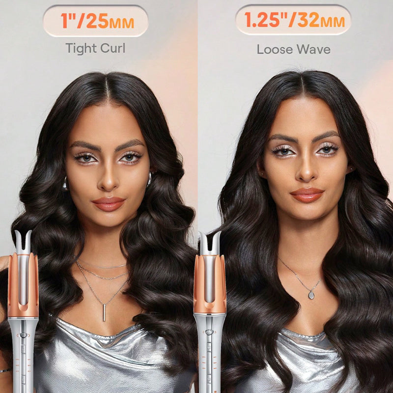 Comparison of hair styling results with two different curl settings on a model Kalvori Hair Curler
